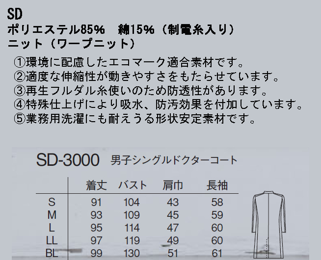 SD3000 ナガイレーベン 診察衣 シングルボタン 男性用 長袖 左胸ポケット 両腰ポケット しわになりにくい 透け防止 吸水 防汚 業務用洗濯可  形態安定素材 制菌加工 NAGAILEBEN 医療用 医者 医師 ドクター薬剤師 白衣ネット本店