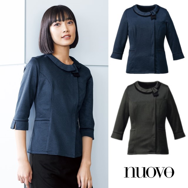 FB71330 フォーク nuovo オフィスウェア ニットオーバーブラウス 七分袖 前ファスナー チェック柄 リボン付き 女性用 ホームクリーニング  名札ポケット インク漏れ防止ポケット 印鑑ポケット チャコールグレー ネイビー FOLK 制服 事務服 受付 おもてなし 白衣ネット本店